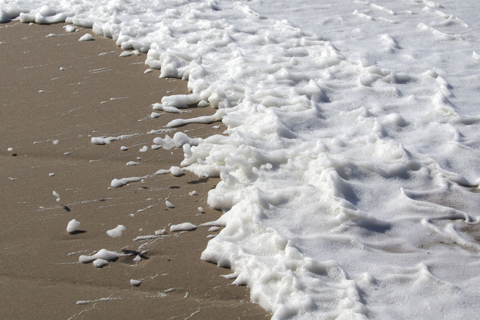 Skum ved Stranden ved Vesterhavet i lidt råt aprilsvejr