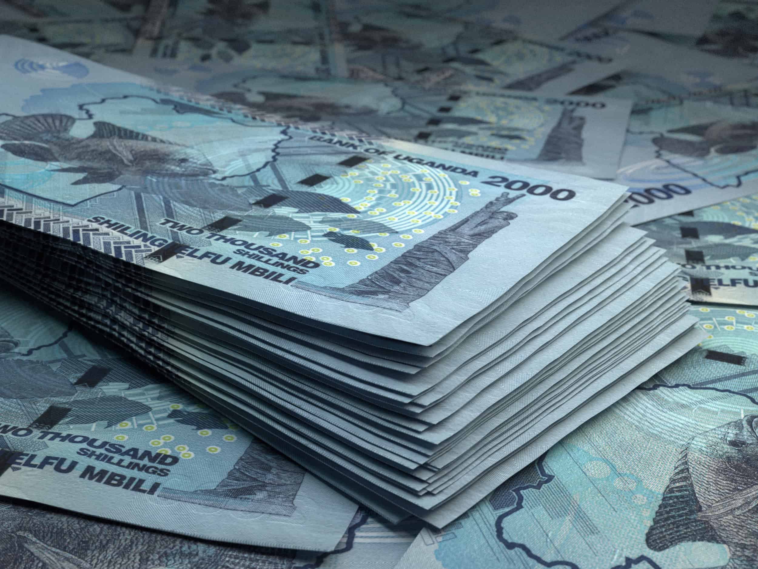 Shilling banknotes. Shilling bills. 2000 UGX Ganga. Business, finance background. 3d illustration.