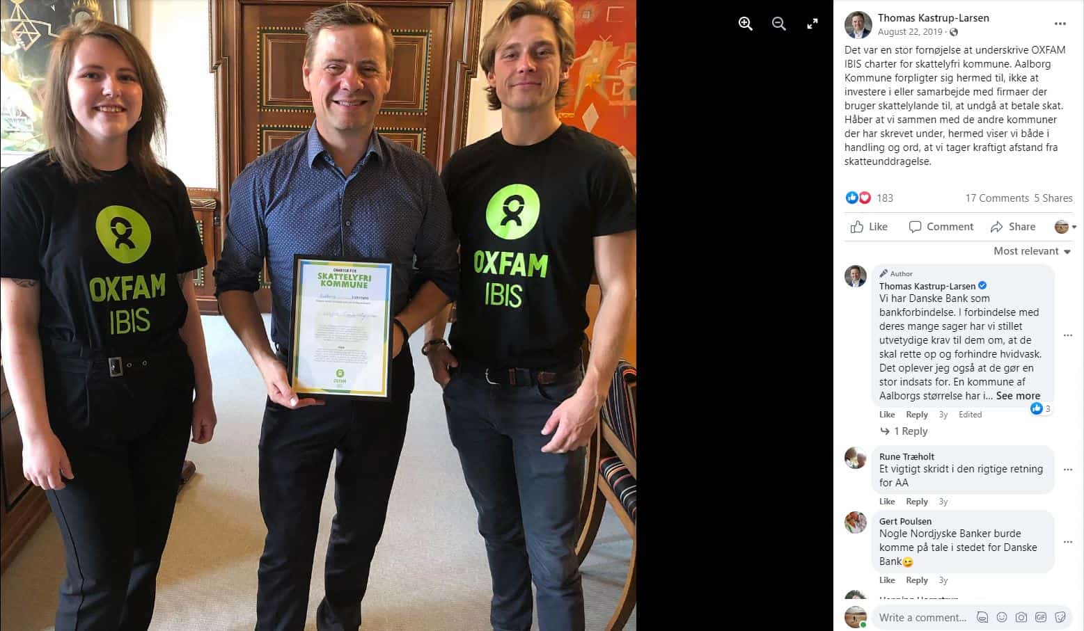 I 2019 underskriver Thomas Kastrup-Larsen en charter med OXFAM IBIS og påskynder tiltaget i eget facebook-opslag.