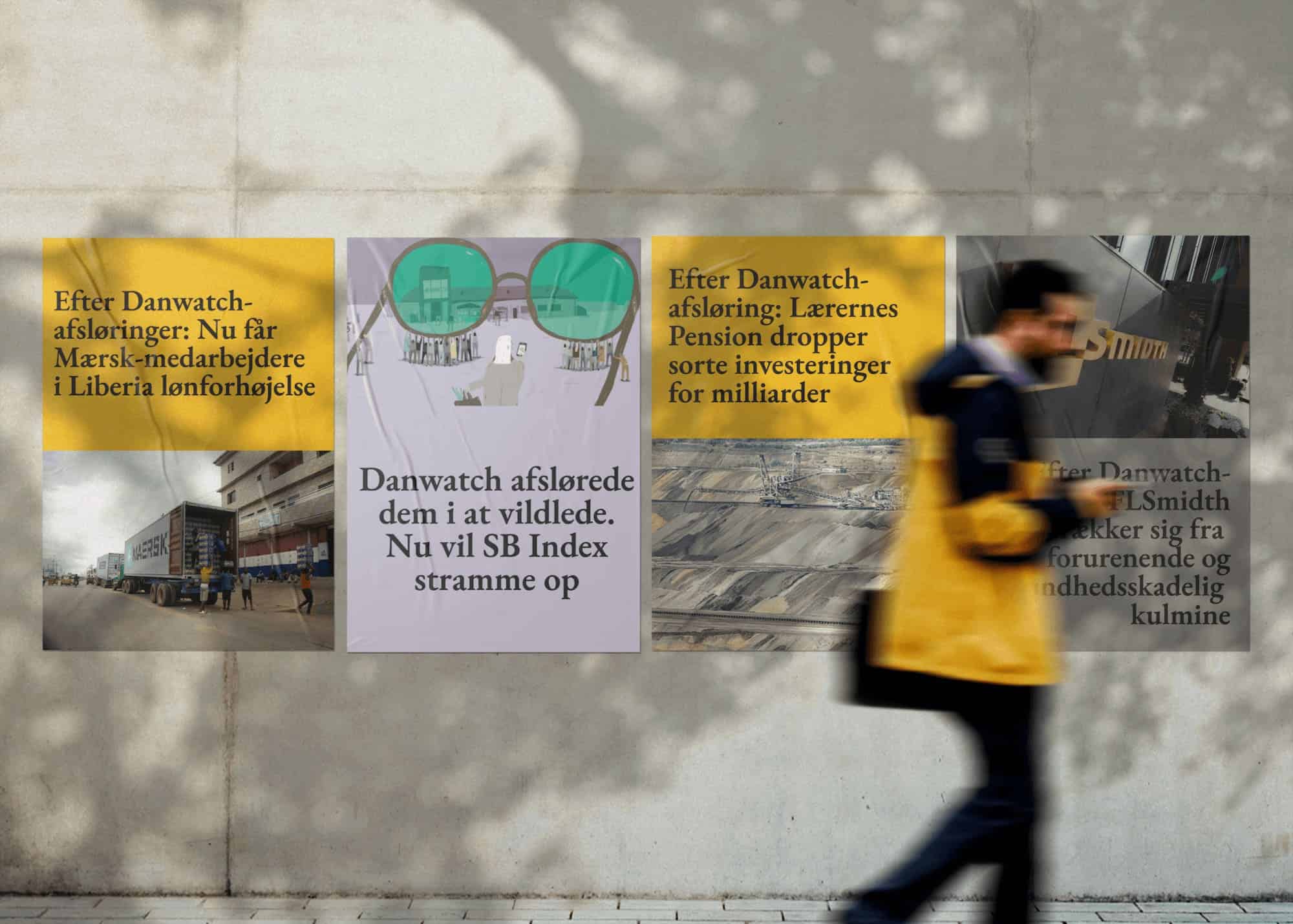 Man walking in front of the wrinkled glued street posters mockup template@2x