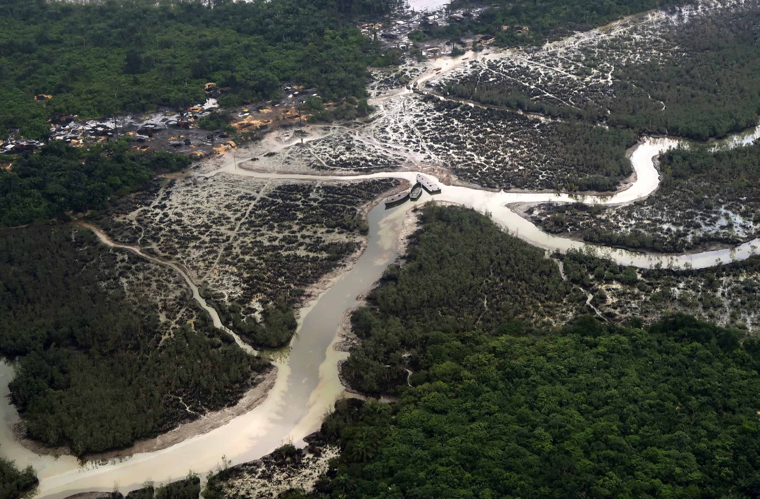 FILE PHOTO: An overview of the Niger delta where signs of oil spills can be seen in the water in Port Harcourt