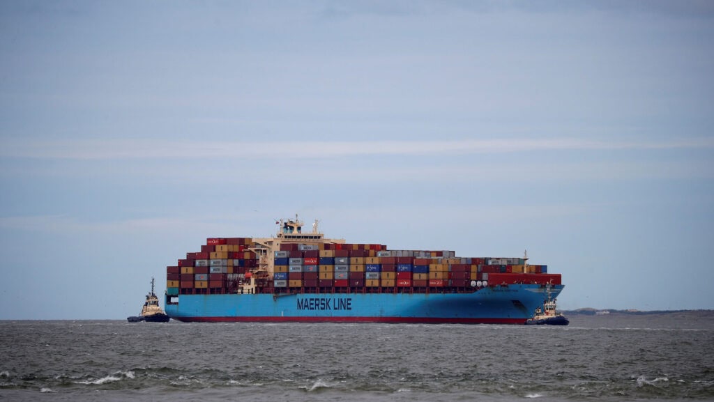 The Maersk Line Container Ship Maersk Sentosa Is Helped By Tugs As It Navigates The River Mersey In Liverpool