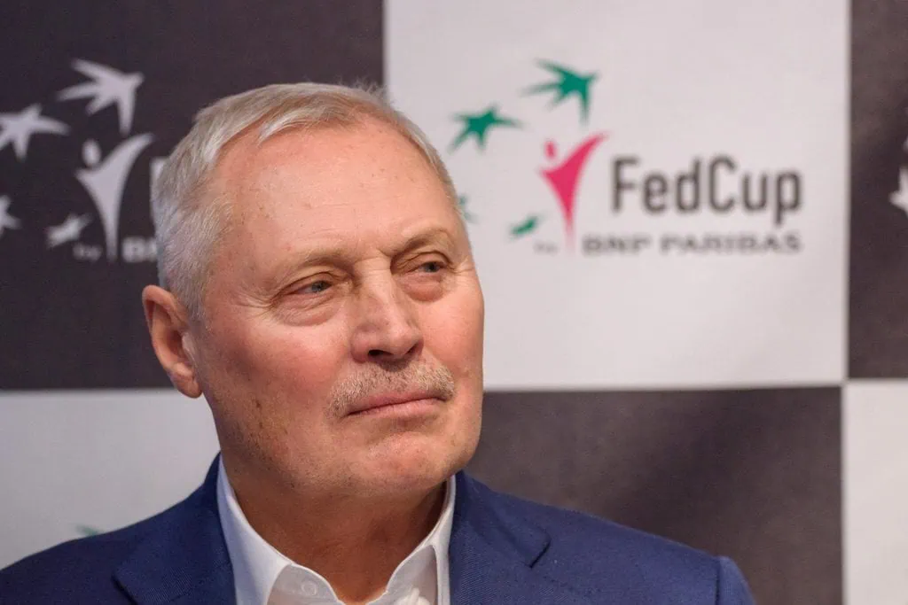 Riga, Latvia. 8th Feb 2019. Juris Savickis, President of Tennis Union of Latvia, during Members of Team Latvia and team Slovakia for FedCup , during draw ceremony and press conference before World Group II First Round games. Riga City Council. Credit: Gi    