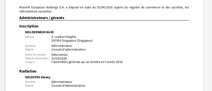Et dokument fra Luxembourgs virksomhedsregister viser, hvordan Kirill Molodenkov overtog direktørposten fra Alexey Solovyev i Rosneft European Holdings S.A.